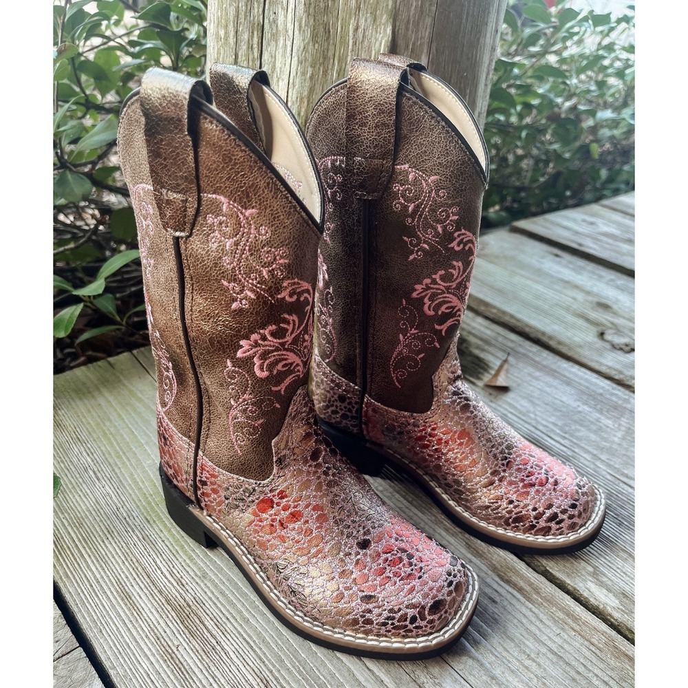 OLD WEST Youth  All Over Leather Antique Pink/Brown Crackle Broad Boots 10.5 D